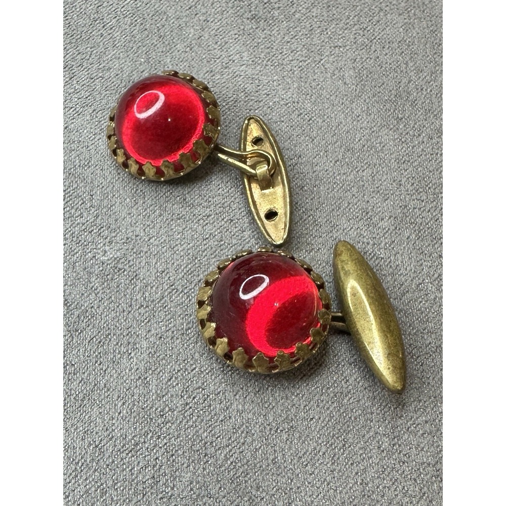 Signed Antique Red Dome Shaped Cabochons Brass Tone Metal Cuff Links La Paris